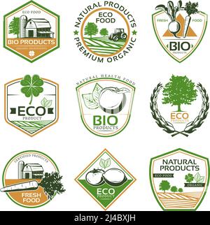 Colorful organic eco emblems collection with natural bio vegetables fruits plants and farming elements isolated vector illustration Stock Vector