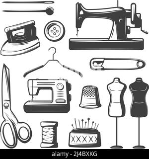 Vintage tailor elements set with professional equipment tools accessories and objects isolated vector illustration Stock Vector