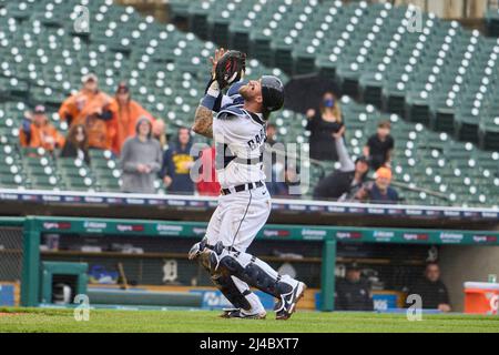 Detroit Tigers catcher Tucker Barnhart (15) looks to the dugout during a  MLB baseball game against the Los Angeles Dodgers, Sunday, May. 1, 2022, in  Los Angeles. The Dodgers defeated the Tigers