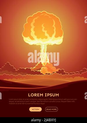 Bright nuclear explosion poster with light mushroom cloud and smoke effect in comic style vector illustration Stock Vector