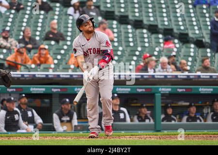 Detroit MI, USA. 13th Apr, 2022. Detroit center fielder Akil Baddoo (60)  before the game with Boston Red Sox and Detroit Tigers held at Comercia  Park in Detroit Mi. David Seelig/Cal Sport