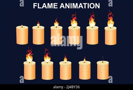 Burning candles set with fire flames and wax animation on blue background isolated vector illustration Stock Vector