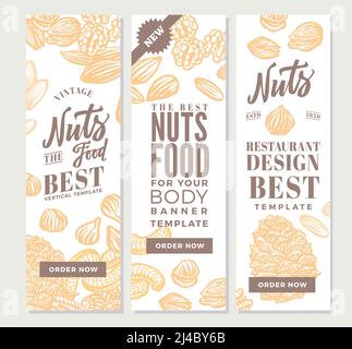 Vintage nuts food vertical banners with various types and sorts in hand drawn style vector illustration Stock Vector