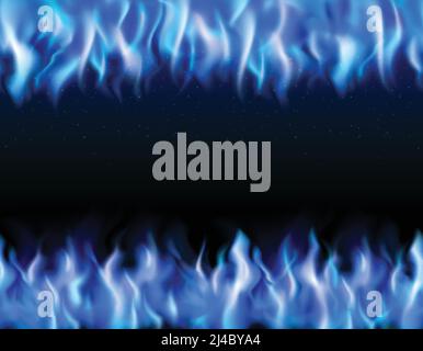 Blue fire tileable realistic borders on black background isolated vector illustration Stock Vector