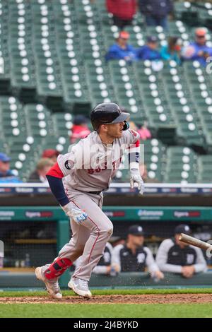Detroit MI, USA. 13th Apr, 2022. Boston second baseman Trevor Story (10)  gets a hit during the game with Boston Red Sox and Detroit Tigers held at  Comercia Park in Detroit Mi.