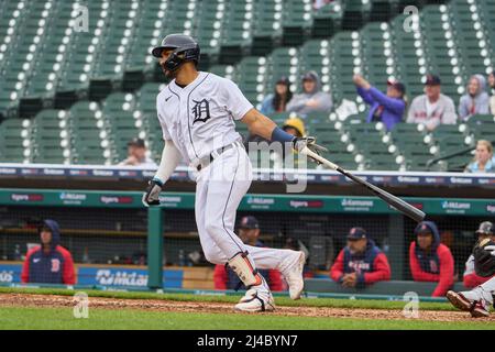 April 13 2022: Boston right fielder Jackie Bradley jr (19) gets a hit  during the game with Boston Red Sox and Detroit Tigers held at Comercia  Park in Detroit Mi. David Seelig/Cal