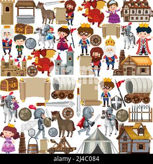 Medieval characters buildings set illustration Stock Vector