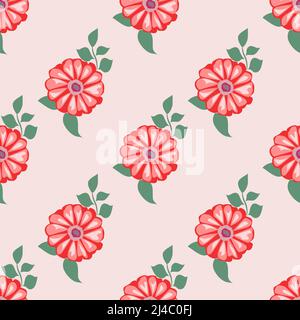 Beautiful red spring flower with green leaves isolated on pink background is in Seamless pattern - vector illustration Stock Vector