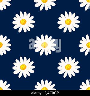 Floral Chamomile flower isolated on dark blue background is in Seamless pattern. used for fabric, textile and wallpaper - vector illustration Stock Vector