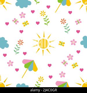 Abstract Summer hand drawn objects of Sun, flowers, petals, hearts, clouds, umbrella isolated on white background is in Seamless pattern Stock Vector