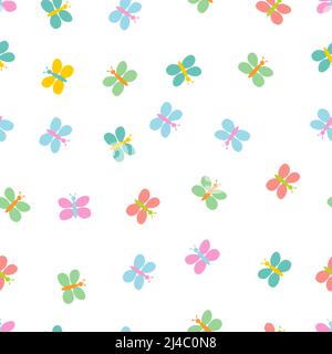 Hand Drawn Colorful Butterflies children simple art isolated on white background is in Seamless pattern - vector illustration Stock Vector