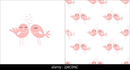 Cute Love Birds Hand Drawn Vector Illustration. Sweet Kissing Birds. Pink Little Birds Isolated on a White Background. Hearts Flying Up. Cute Valentin Stock Vector