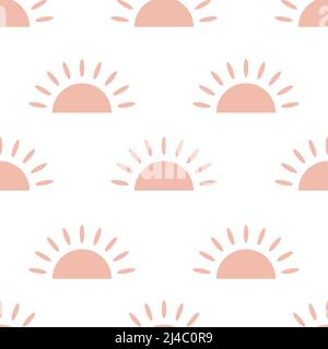 Hand Drawn pink half sun doodle object isolated on white background is in Seamless pattern - vector illustration Stock Vector