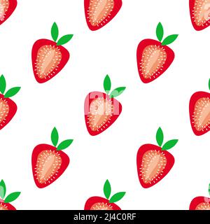 Half sliced red strawberry fruit isolated on white background is in Seamless pattern - vector illustration Stock Vector