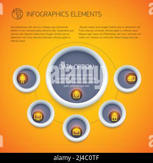 Abstract business infographics with circle diagram text icons five options on light orange background isolated vector illustration Stock Vector