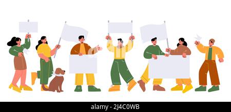 People holding blank flags and banners on protest demonstration, strike or picket. Vector flat illustration of crowd of men and women activists with white posters and placard Stock Vector