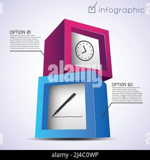 Abstract infographic template with 3d colorful bricks clock pen two options on light background isolated vector illustration Stock Vector