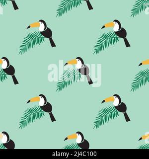 Cute Toucan bird with palm leaves isolated on light green background is in Seamless pattern - vector illustration Stock Vector