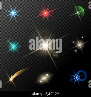 vector glowing lights, stars and sparkles on transparent background Stock Vector