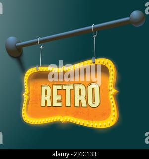 Bright retro signboard with gold metal rim and neon bulbs hanging on chains vector Illustration Stock Vector