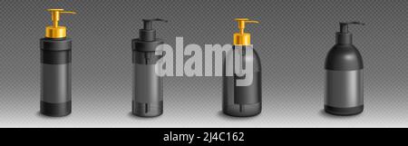 Bottle for liquid soap or lotion 3d vector mockup. Isolated black plastic packages with gold dispenser for bath or toilet. Antibacterial or antiseptic gel airless pump containers, Realistic mock up Stock Vector