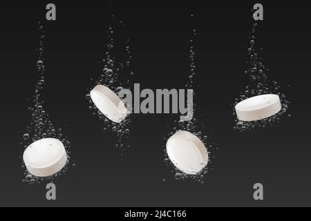 Soluble pills with fizz air bubbles trail in water. Effervescent falling aspirin tablets, vitamin C, headache pharmaceutical remedy drugs isolated on black background. Realistic 3d vector illustration Stock Vector