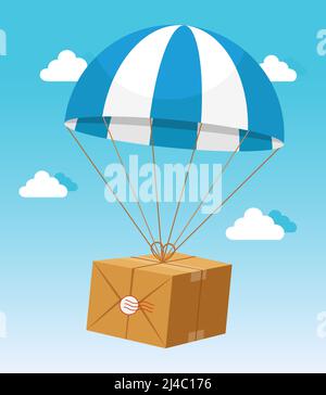 Blue and White Parachute Holding Delivery Cardboard Box on Light Blue Sky Background with Clouds Stock Vector