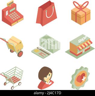 Colorful isometric shopping icons for store or supermarket on the white background Stock Vector