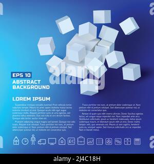 Abstract business geometric poster with gray 3d cubes squares line icons on blue background isolated vector illustration Stock Vector