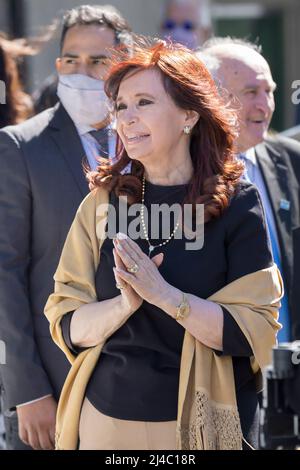 Buenos Aires, Argentina. 13th Apr, 2022. The Vice President Cristina FernÃndez de Kirchner greets her supporters upon leaving the Plenary Session of the Euro-Latin American Parliamentary Assembly (Eurolat) after leading its opening. (Credit Image: © Esteban Osorio/Pacific Press via ZUMA Press Wire) Stock Photo