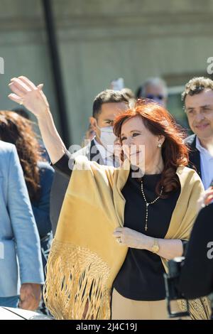 Buenos Aires, Argentina. 13th Apr, 2022. The Vice President Cristina FernÃndez de Kirchner greets her supporters upon leaving the Plenary Session of the Euro-Latin American Parliamentary Assembly (Eurolat) after leading its opening. (Credit Image: © Esteban Osorio/Pacific Press via ZUMA Press Wire) Stock Photo