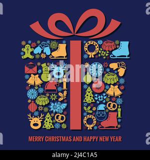 Christmas and New Year greeting card template with a selection of coloruful seasonal silhouette icons arranged in the shape of a Xmas gift box with ri Stock Vector