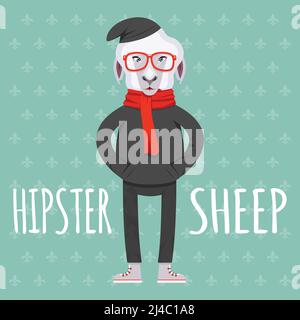 Cartooned Hipster Sheep in Flat Style Graphic Design on Light Green Background with Pattern Design Stock Vector