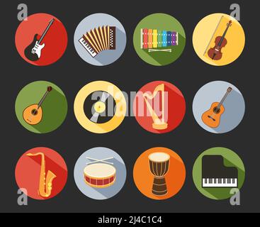 Colored Flat Musical Icons Isolated on Black Background Stock Vector