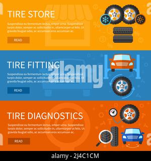 Vector banners set of tire service. Auto repair, car element and station of diagnostics illustration Stock Vector