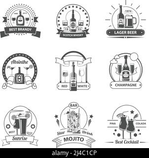 Cocktail label set with premium quality strong liquids beer and wine elements isolated vector illustration Stock Vector