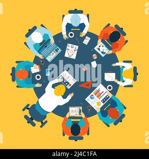 Brainstorming and teamwork concept with a broup of busdinessman having a meeting around a round table sharing ideas and problem solving  overhead view Stock Vector
