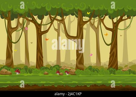 Cartoon forest landscape, endless vector nature background for computer games. Nature tree, outdoor plant green, natural environment wood illustration Stock Vector