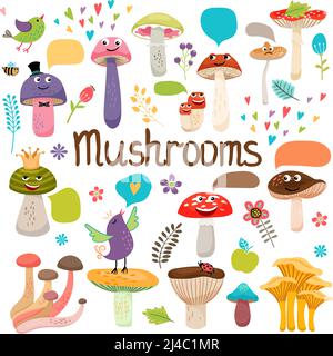 Cute cartoon mushrooms with faces and speech bubbles with birds and insects  colored vector design on white Stock Vector