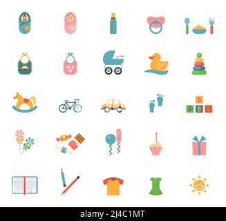 Children toys in flat style. Set of icons on a theme of infants and their accessories. Vector illustration Stock Vector