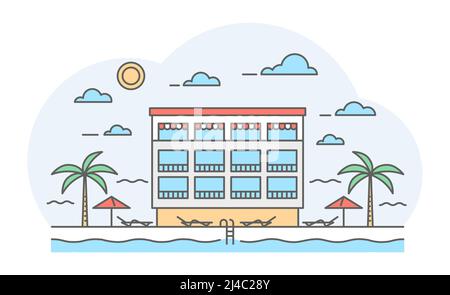Hotel near the sea with water pool and palms. Resort and spa building. Vector illustration. Stock Vector