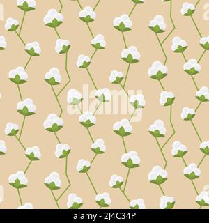 Cotton decorative seamless pattern wtih white fluffy flowers vector illustration Stock Vector