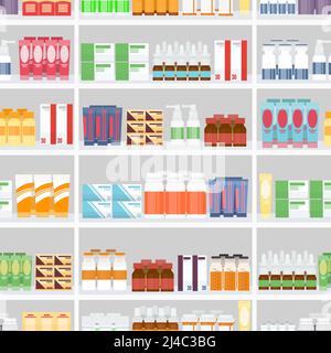 Various Pills and Drugs For Sale Display on Pharmacy Shelves. Designed in Seamless Gray Background. Stock Vector