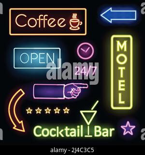 Colorful Glowing Neon Lights Graphic Designs for Cafe and Motel Signs on Black Background. Stock Vector