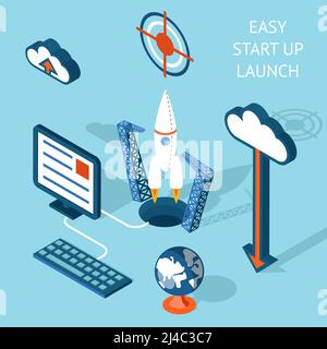 Colored Cartooned Easy Start-up Launch Infographic Design  Emphasizing Rocket and Technology. Stock Vector