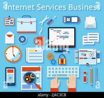 Colored Internet Service Business Concept Graphic Design on Light Blue Background. Stock Vector