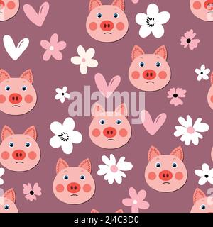 Vector flat animals colorful illustration for kids. Seamless pattern with cute pig face on color polka dots background. Adorable cartoon character Stock Vector