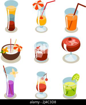 Cocktail icons isometric. Glass and alcohol, liquid and juice, tropical fresh beverage. Vector illustration Stock Vector