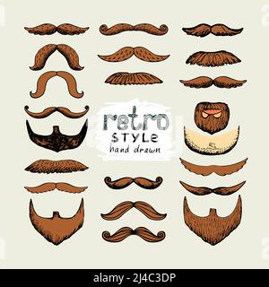 vector sketch mustaches and beards in retro style Stock Vector