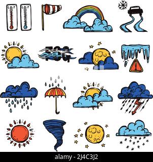 Weather forecast symbols color decorative hand drawn icons set isolated vector illustration Stock Vector